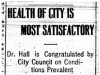 "Health of City is Most Satisfactory"