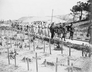 Funeral procession of Nursing Sister Gladys Wake. Gladys Wake was an Esquimalt resident and graduate of the Royal Jubilee Hospital School of Nursing. She died of wounds recieved in the bombing of No.1 Candain General Hospital, Etaples, France, 19 May 1918. Photograph courtesy of  Canada. Dept. of National Defence, Library and Archives Canada.