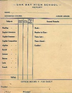 1920 Oak Bay High School Report Card, indicating subjects taught. Courtesy of Oak Bay High School Archives.