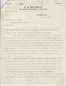 Report on new technology available to the Saanich Fire Department. Source: Image Courtesy of the Saanich Archives, Clerk's Letters CLE-006-04a-e. Date: 7 Sept 1916